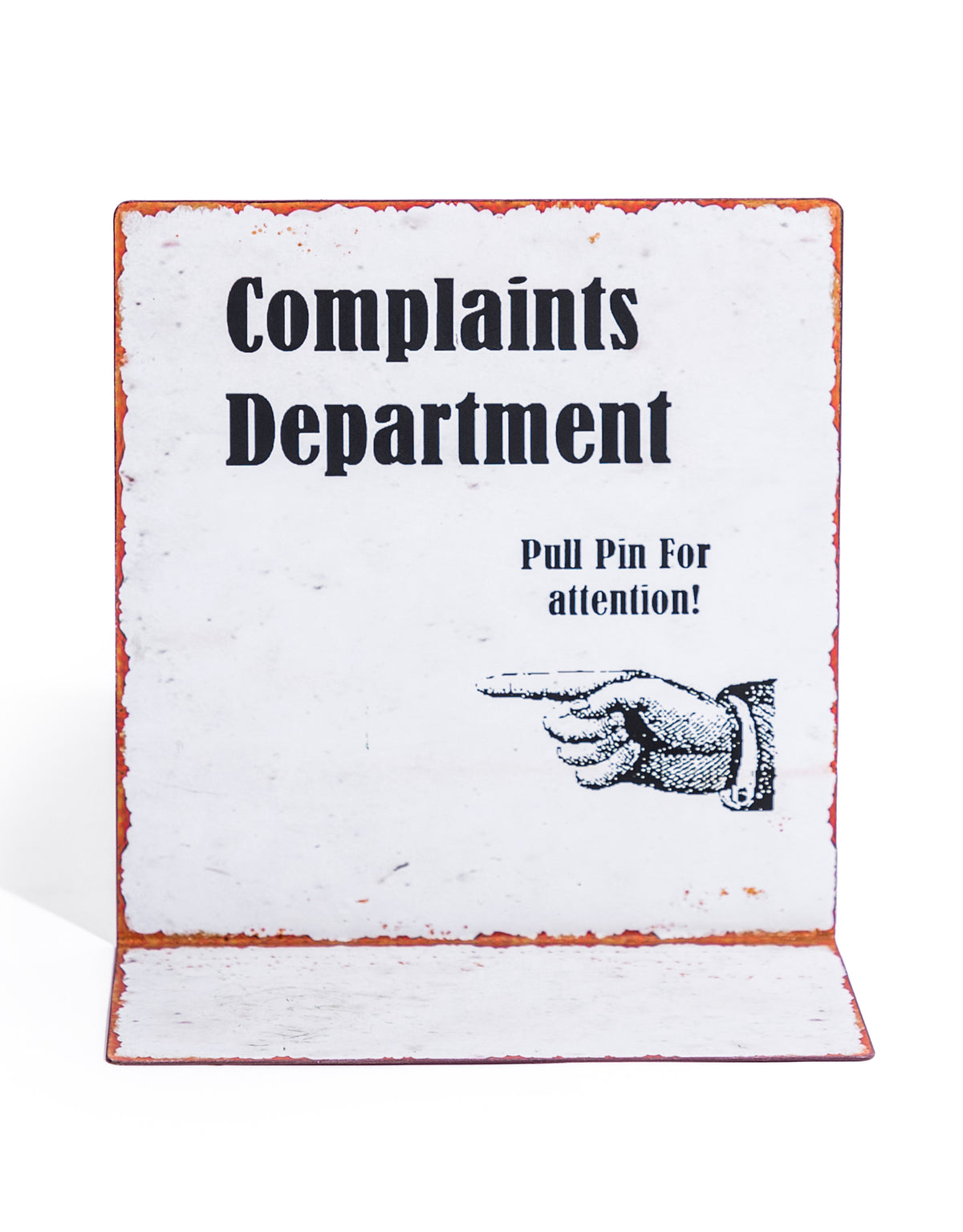 Grenade with "Complaints Department" Antiqued Metal Table Sign