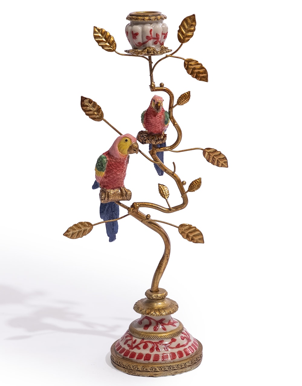 Antiqued Ornate Branch Red/Gold Parrot Candle Holder