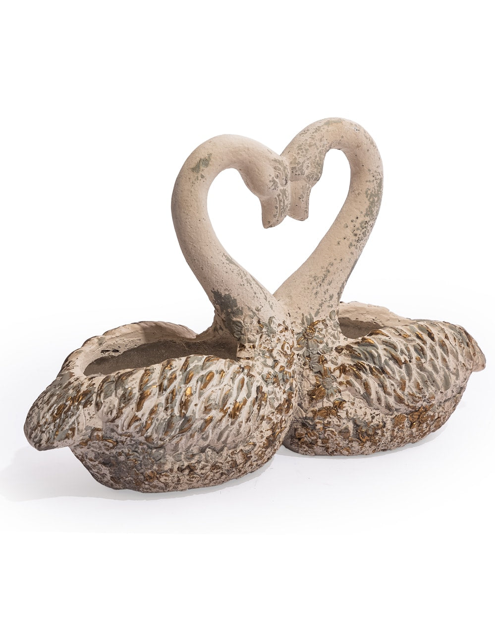 Large Antiqued "Love Heart" Pair of Swan Planters