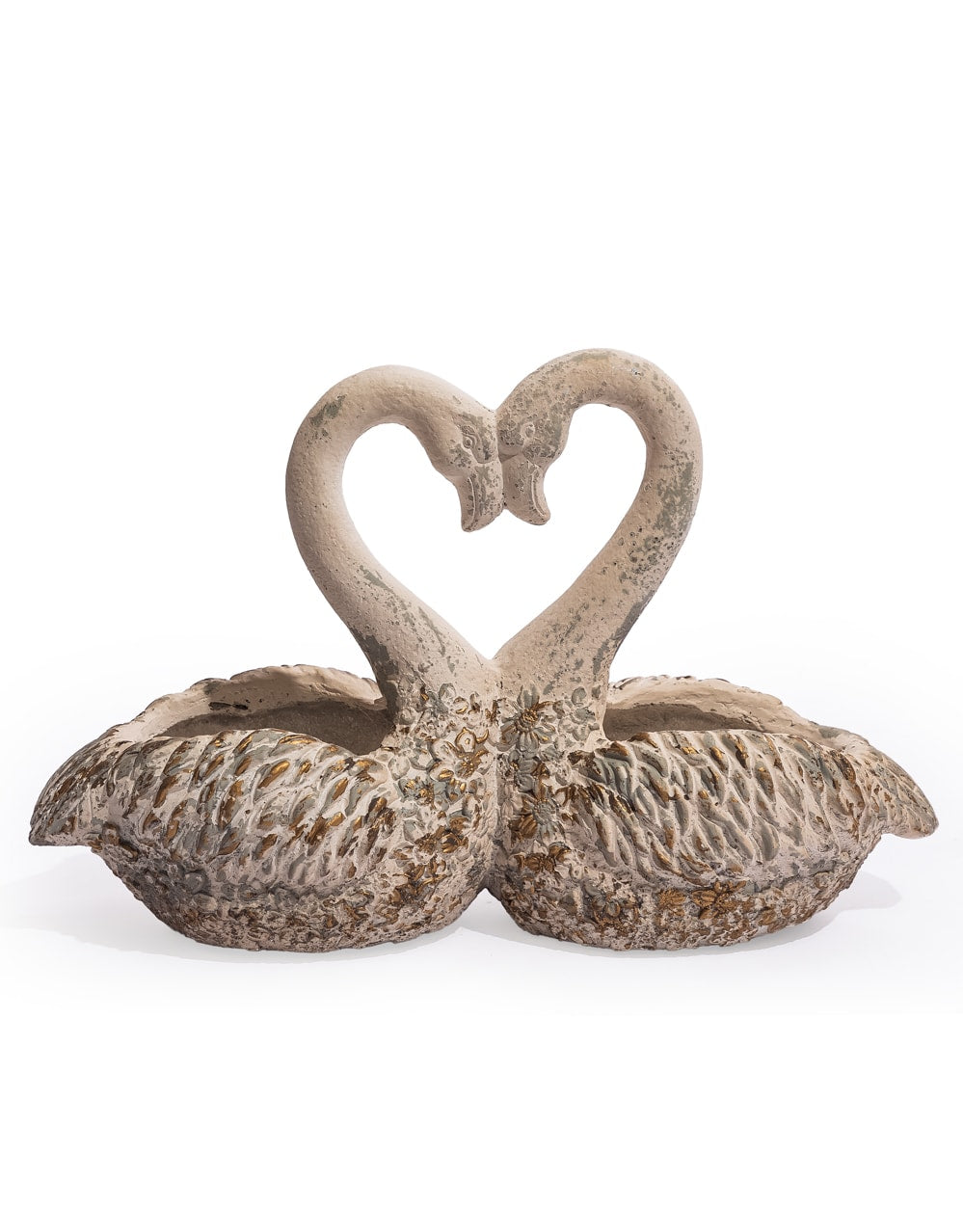 Large Antiqued "Love Heart" Pair of Swan Planters
