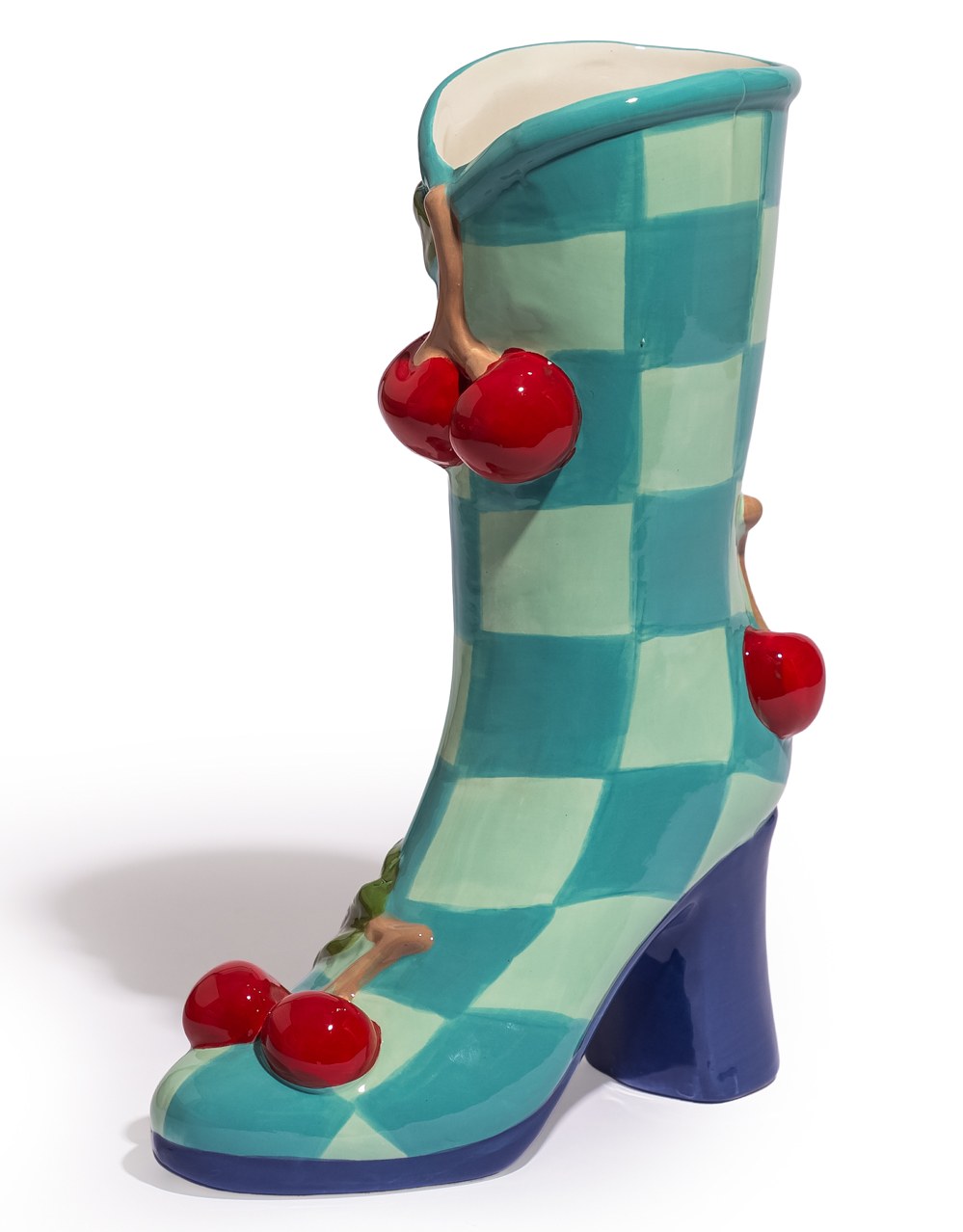 Large Blue Check w/ Cherries Ceramic Boot Vase