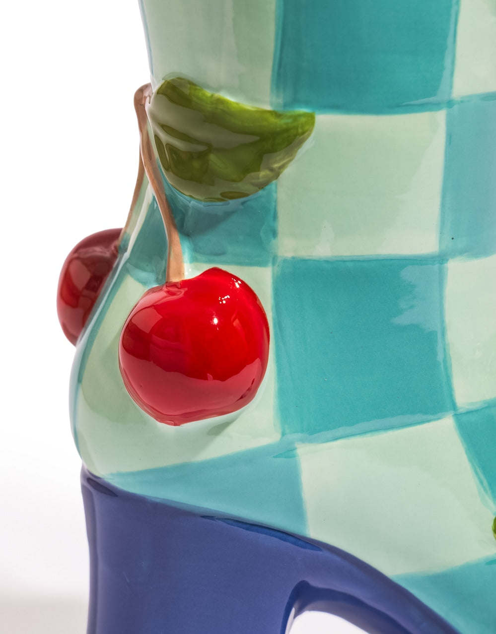 Large Blue Check w/ Cherries Ceramic Boot Vase