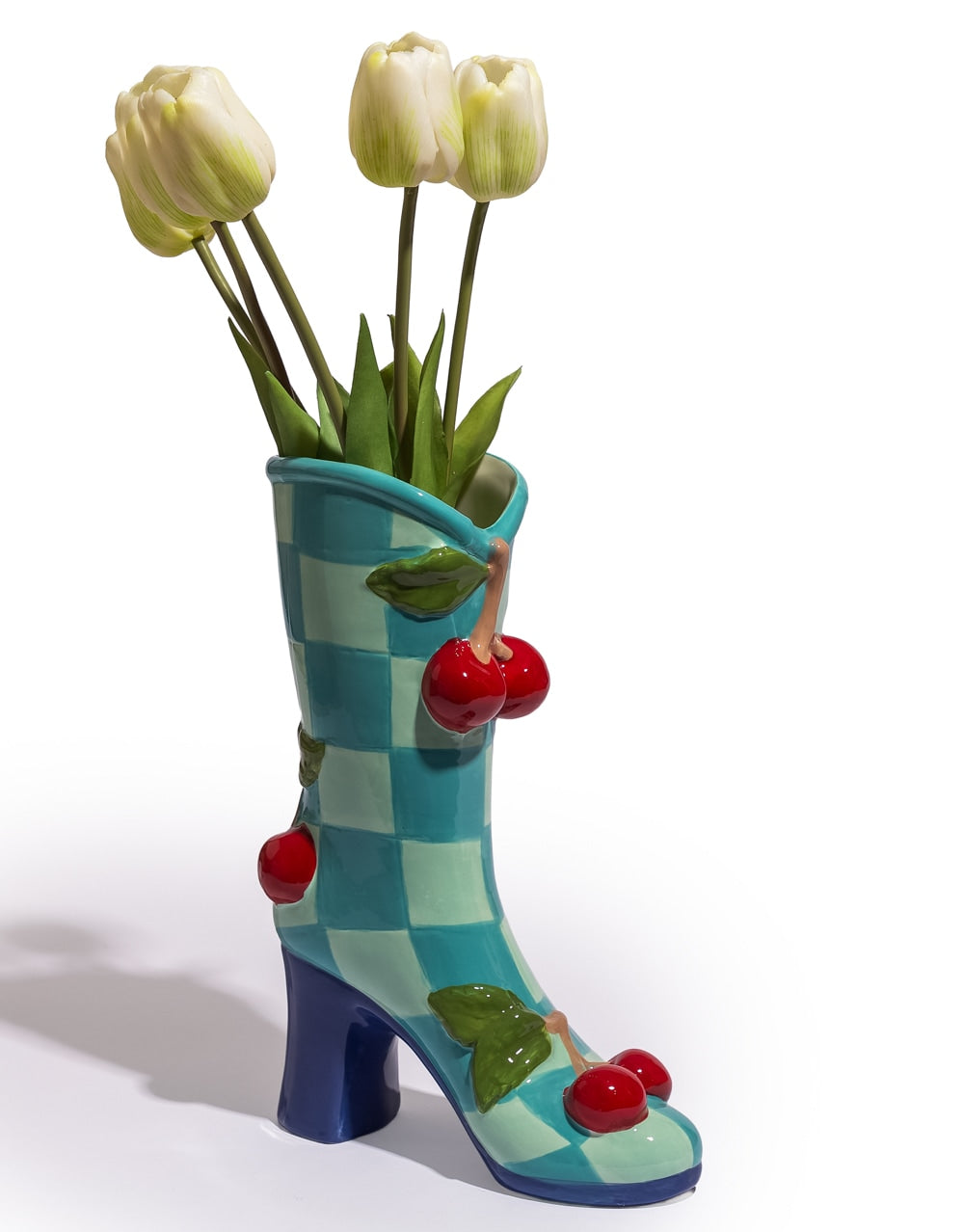 Large Blue Check w/ Cherries Ceramic Boot Vase
