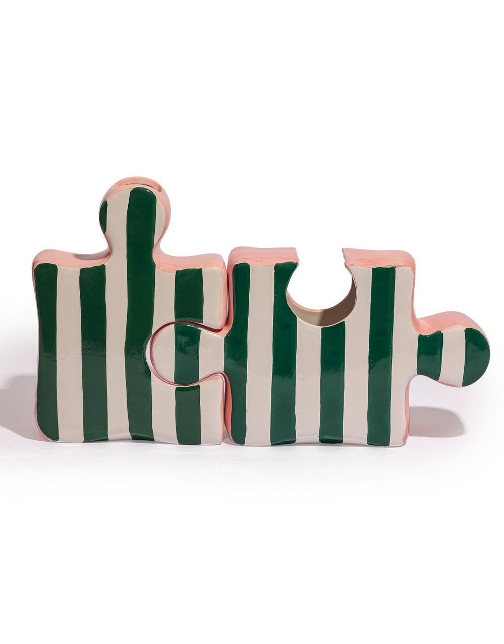 Set of 2 Green/White & Pink Ceramic Jigsaw Piece Vases