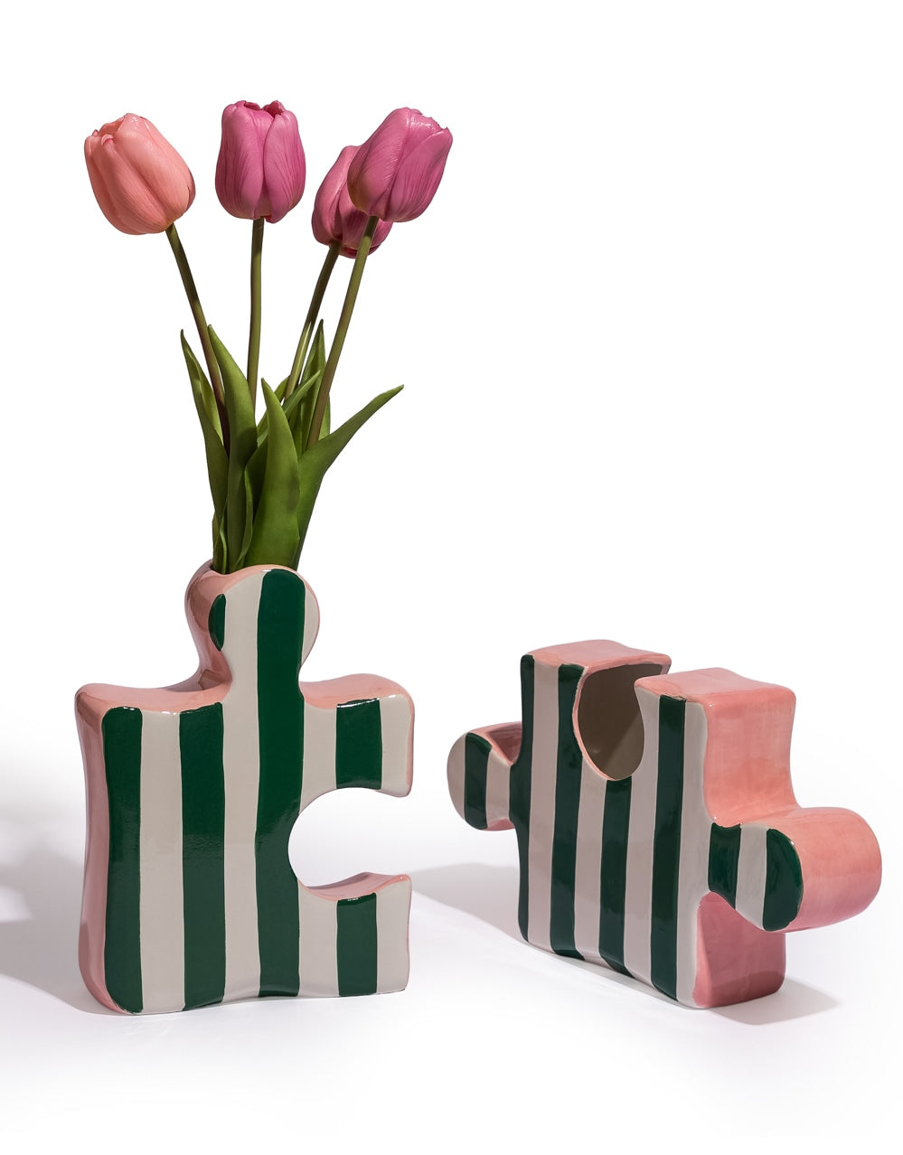 Set of 2 Green/White & Pink Ceramic Jigsaw Piece Vases