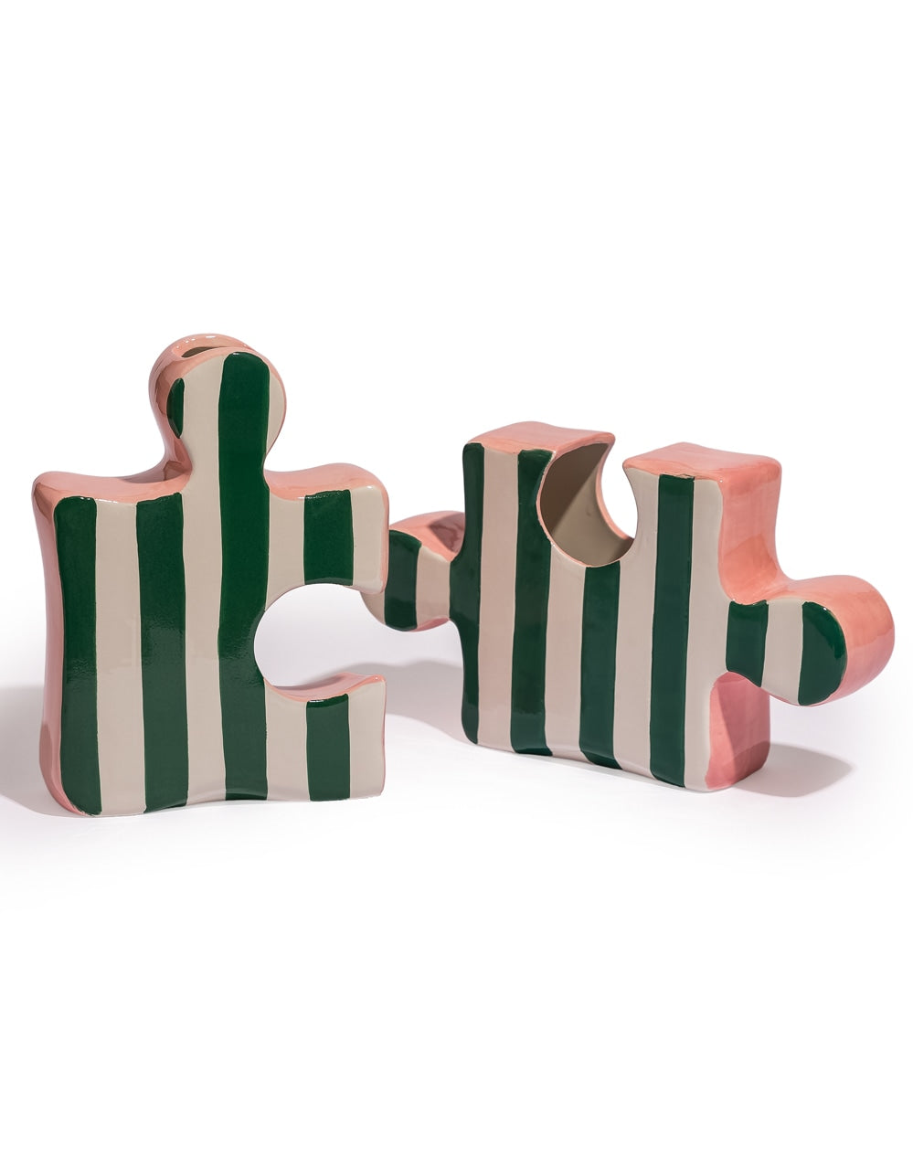 Set of 2 Green/White & Pink Ceramic Jigsaw Piece Vases