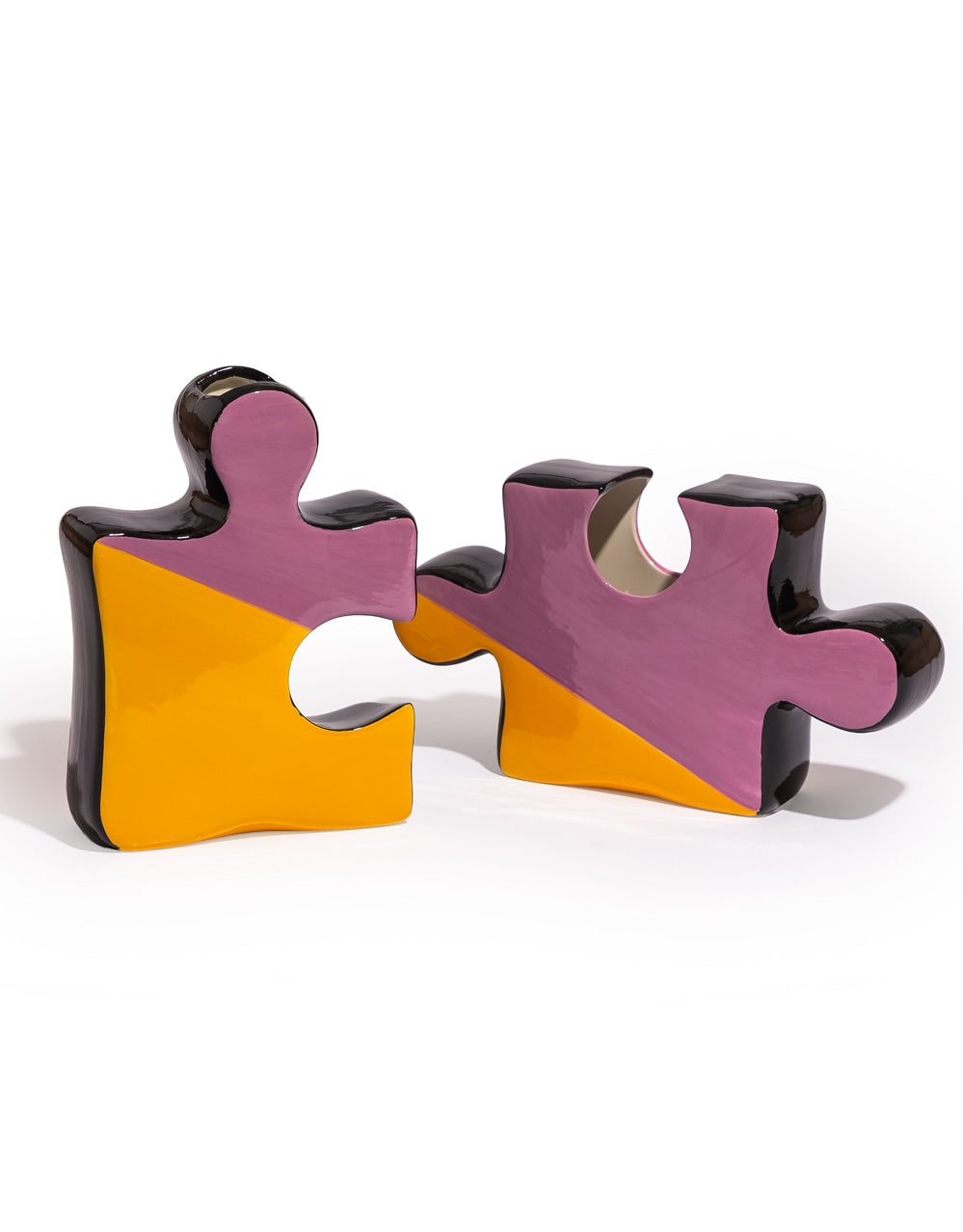 Set of 2 Orange/Purple/Black Ceramic Jigsaw Piece Vases