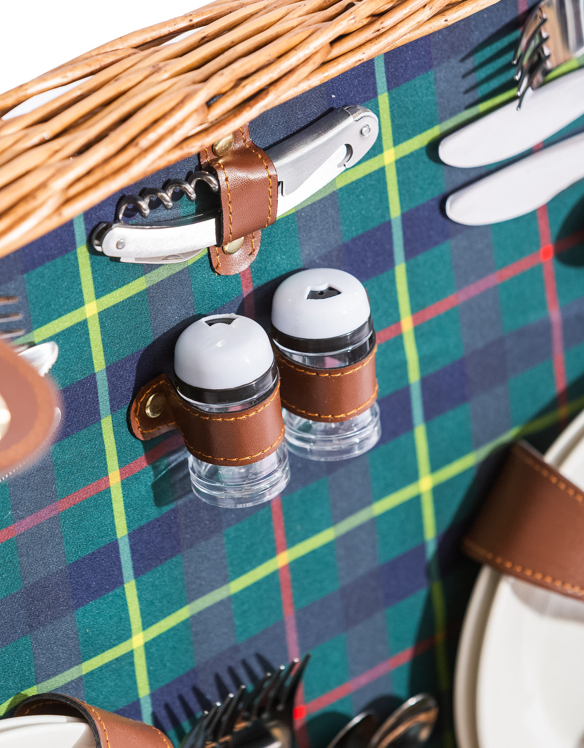 Luxury Tartan 4-Person Picnic Hamper w/ Leather Handles & Accessories