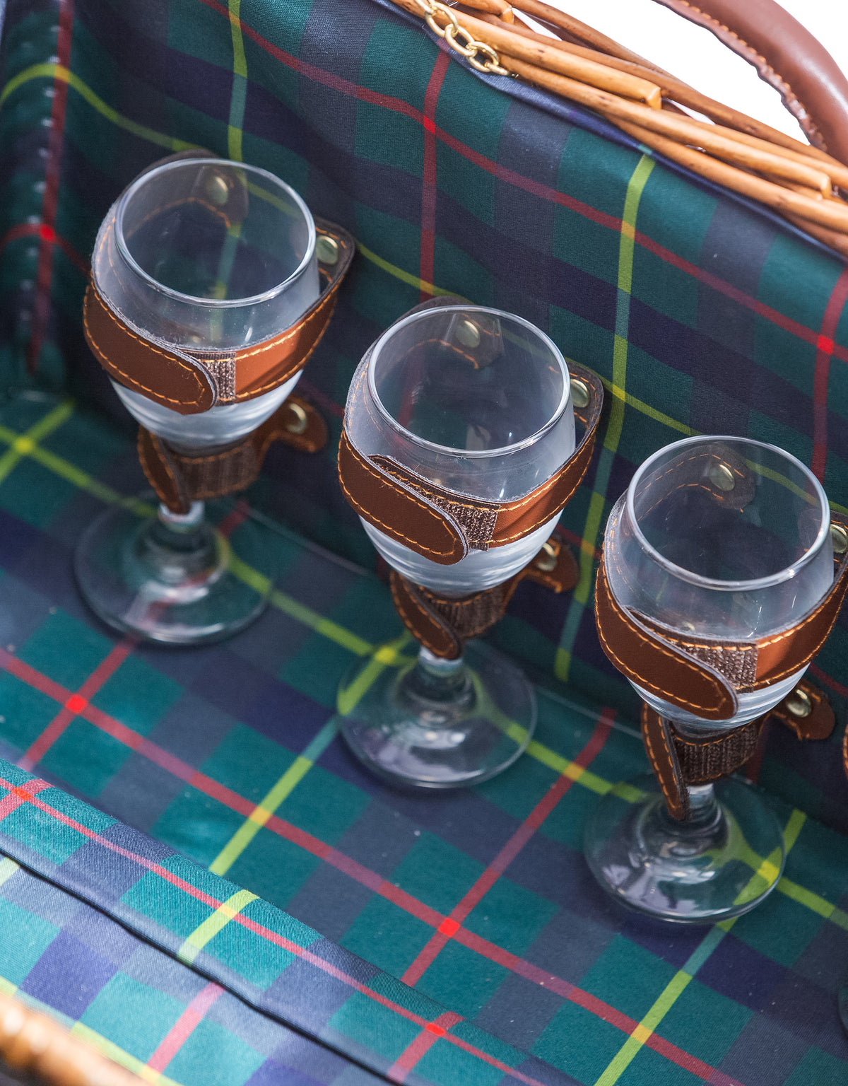 Luxury Tartan 4-Person Picnic Hamper w/ Leather Handles & Accessories