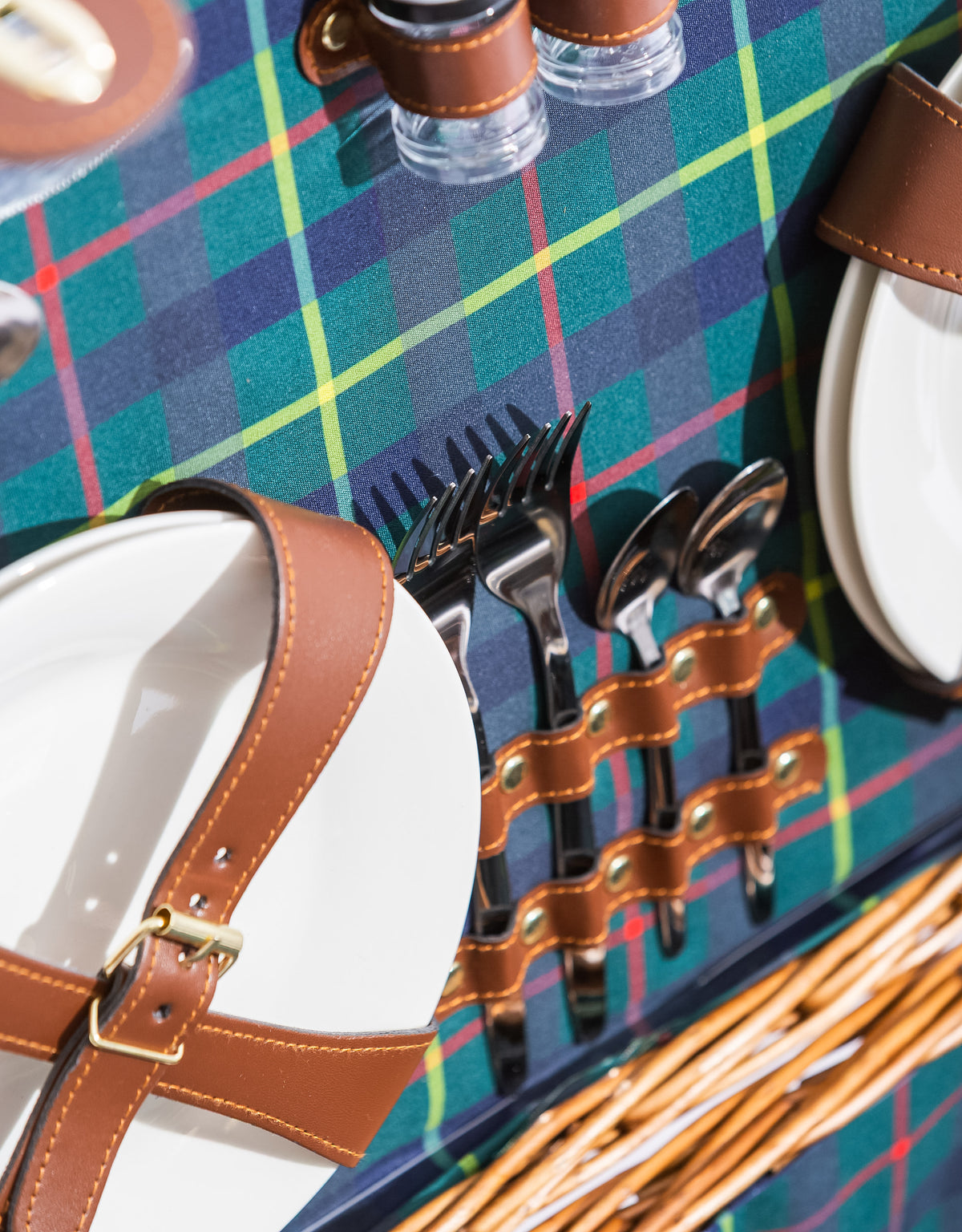 Luxury Tartan 4-Person Picnic Hamper w/ Leather Handles & Accessories
