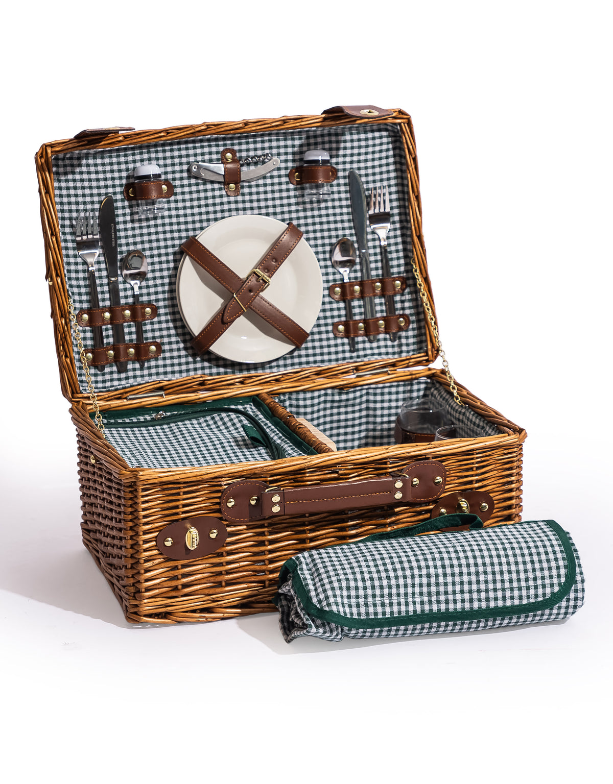 Luxury Gingham 2-Person Picnic Hamper w/ Leather Handles & Accessories