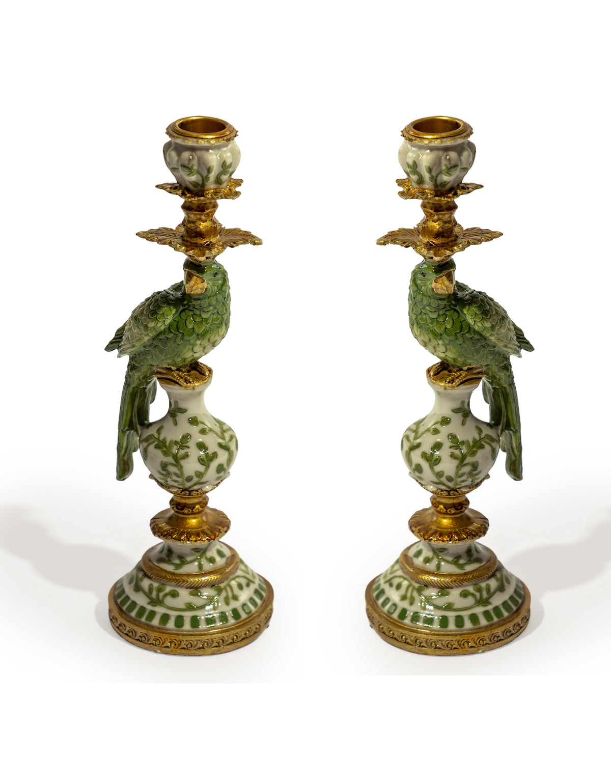 Pair of Antiqued Ornate Green/White Parrot Candle Holders