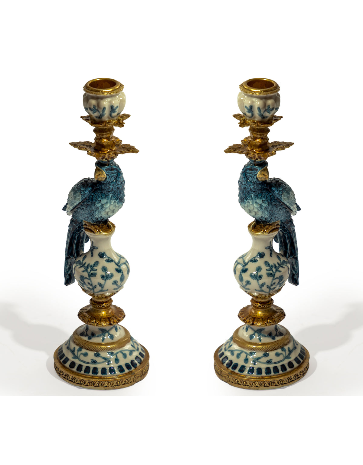 Pair of Antiqued Ornate Blue/White Parrot Candle Holder