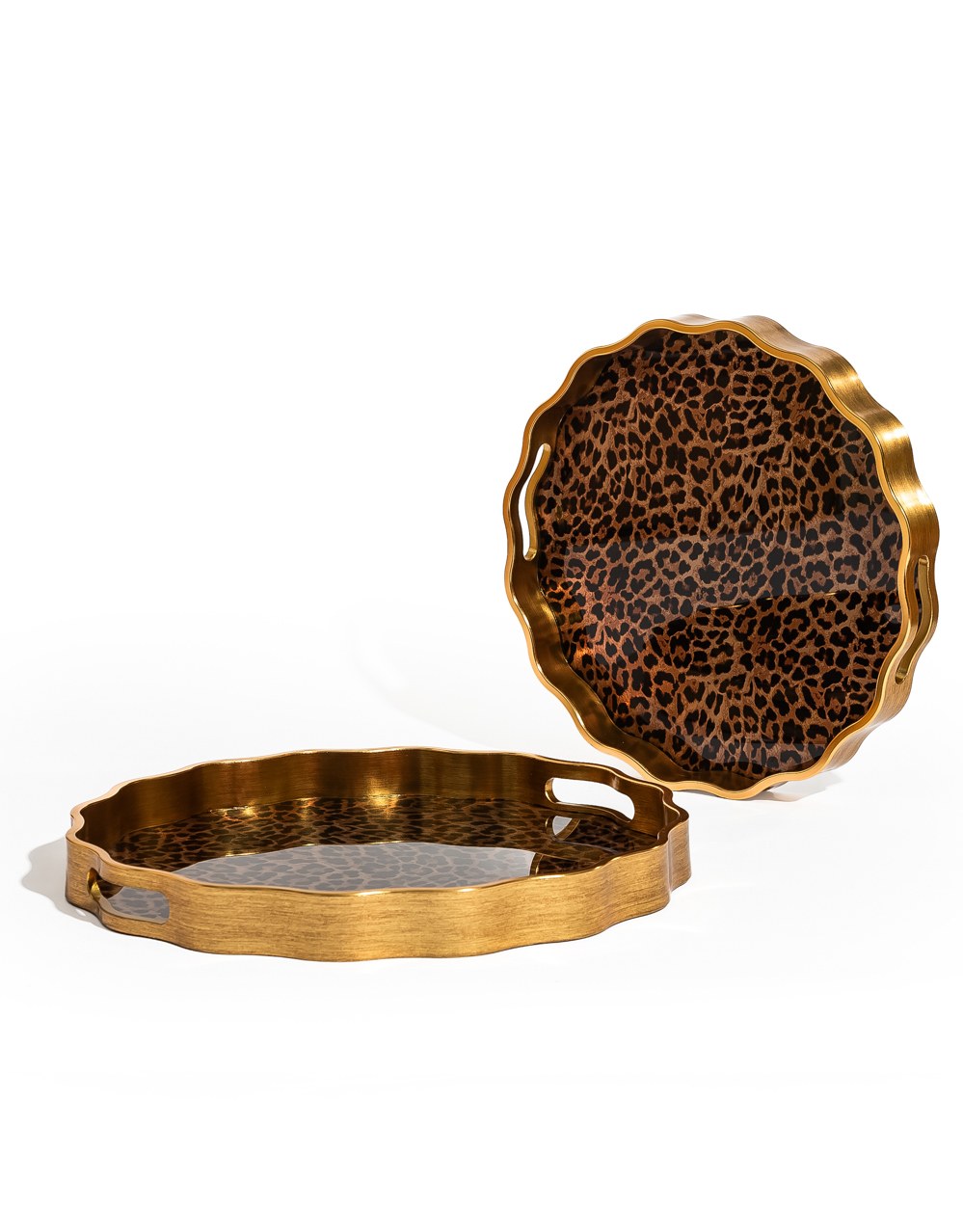 Waved Set of 2 Brushed Gold Leopard Print Serving Trays