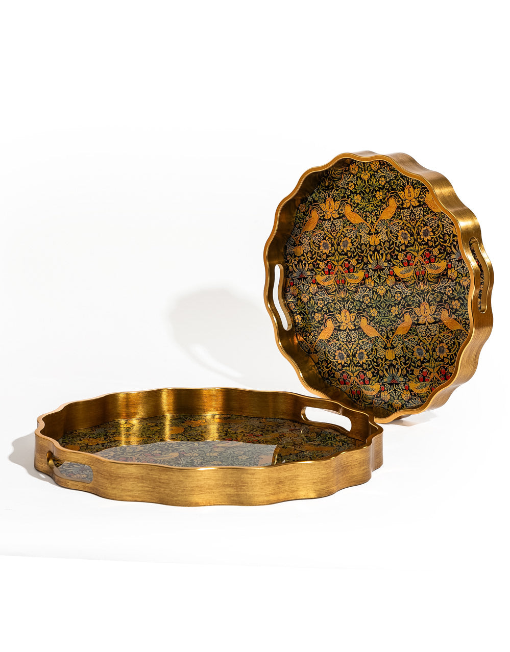 Waved Set of 2 Brushed Gold Strawberry Thief Serving Trays