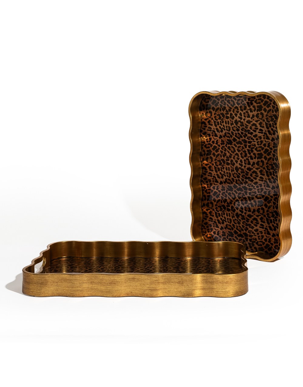 Rectangular Waved Set of 2 Brushed Gold Leopard Print Serving Trays