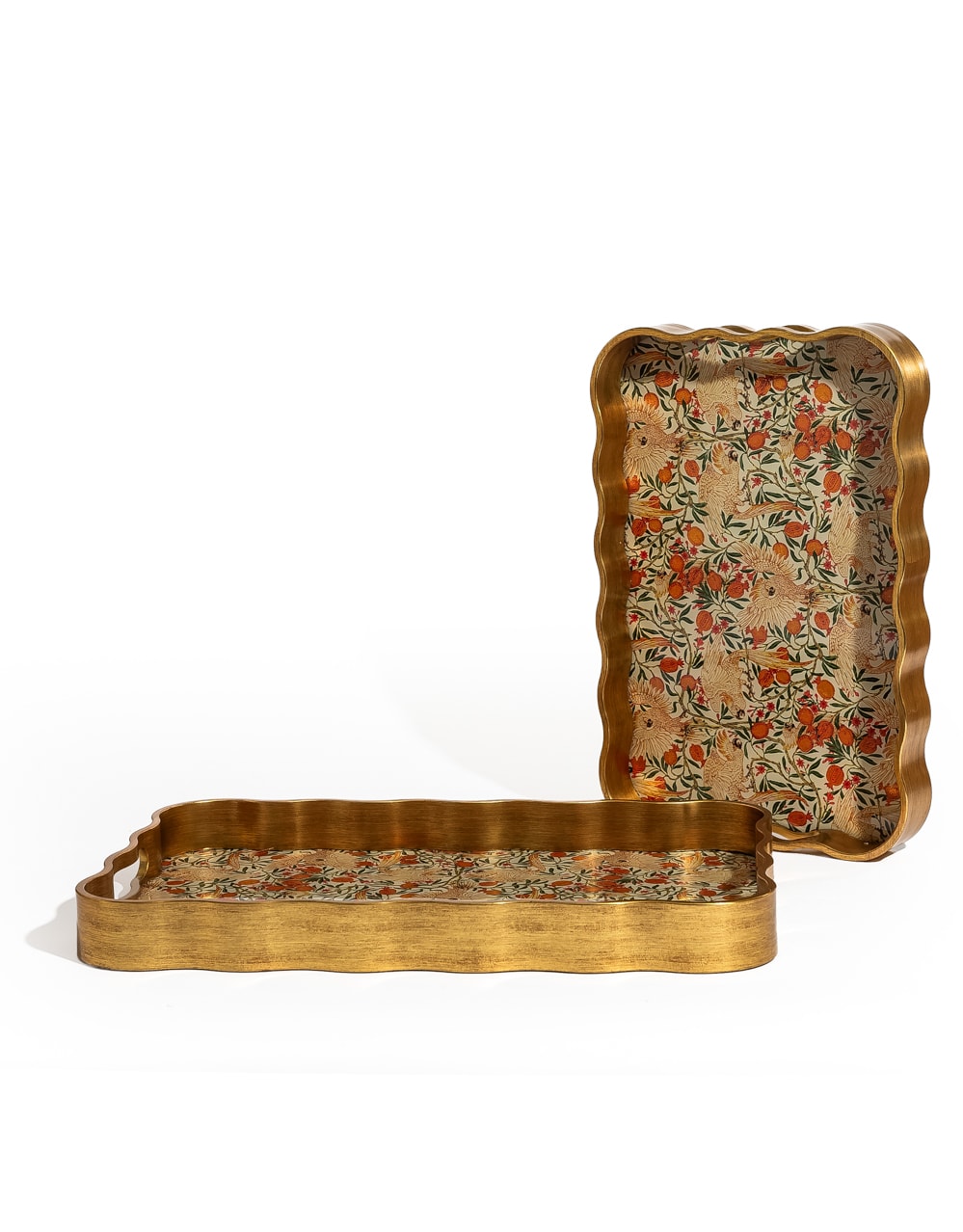 Rectangular Waved Set of 2 Brushed Gold Cockatoo & Pomegranate Serving Trays