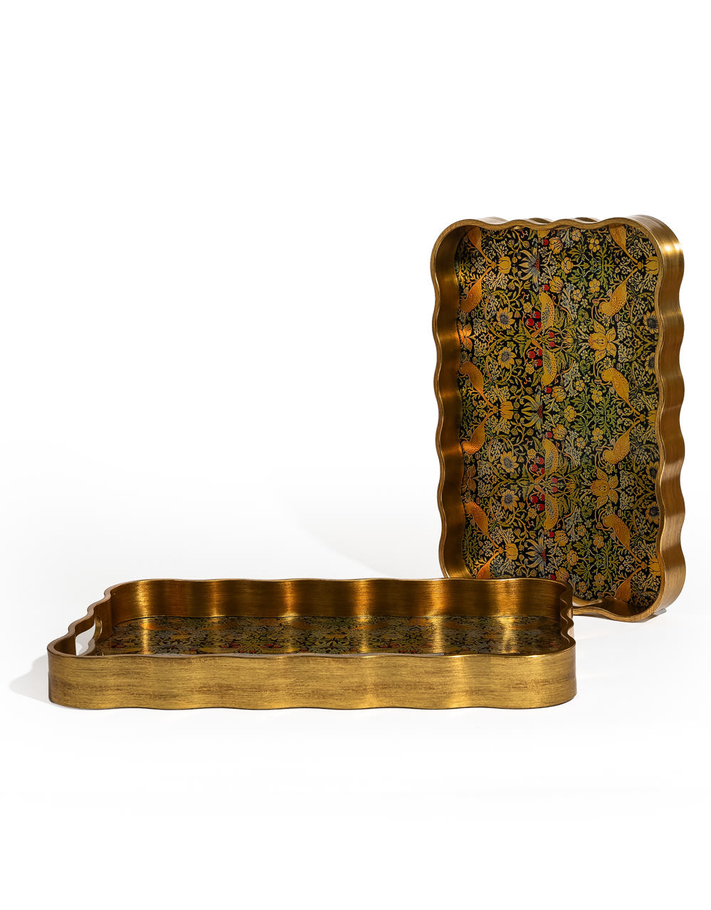 Rectangular Waved Set of 2 Brushed Gold Strawberry Thief Serving Trays