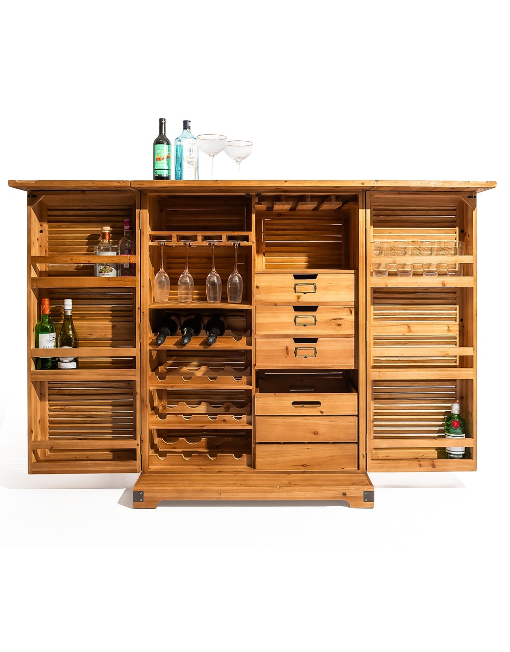 Rustic Slatted Wood Fold-Out Bar Cabinet
