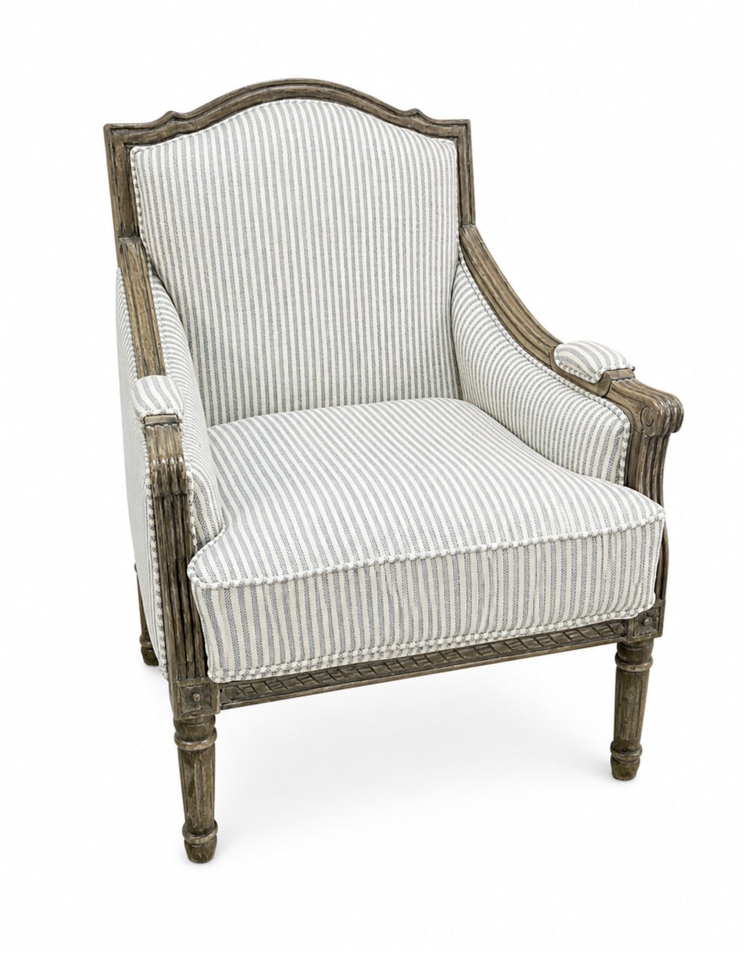 Pearson-Style Blue & White Pinstripe Occasional Wooden Armchair