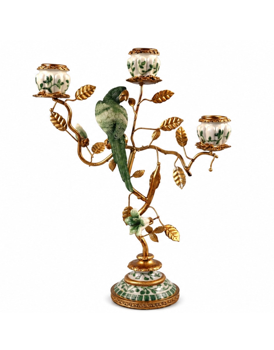 Antiqued Ornate Parrot Branch Green/White Multi Candle Holder