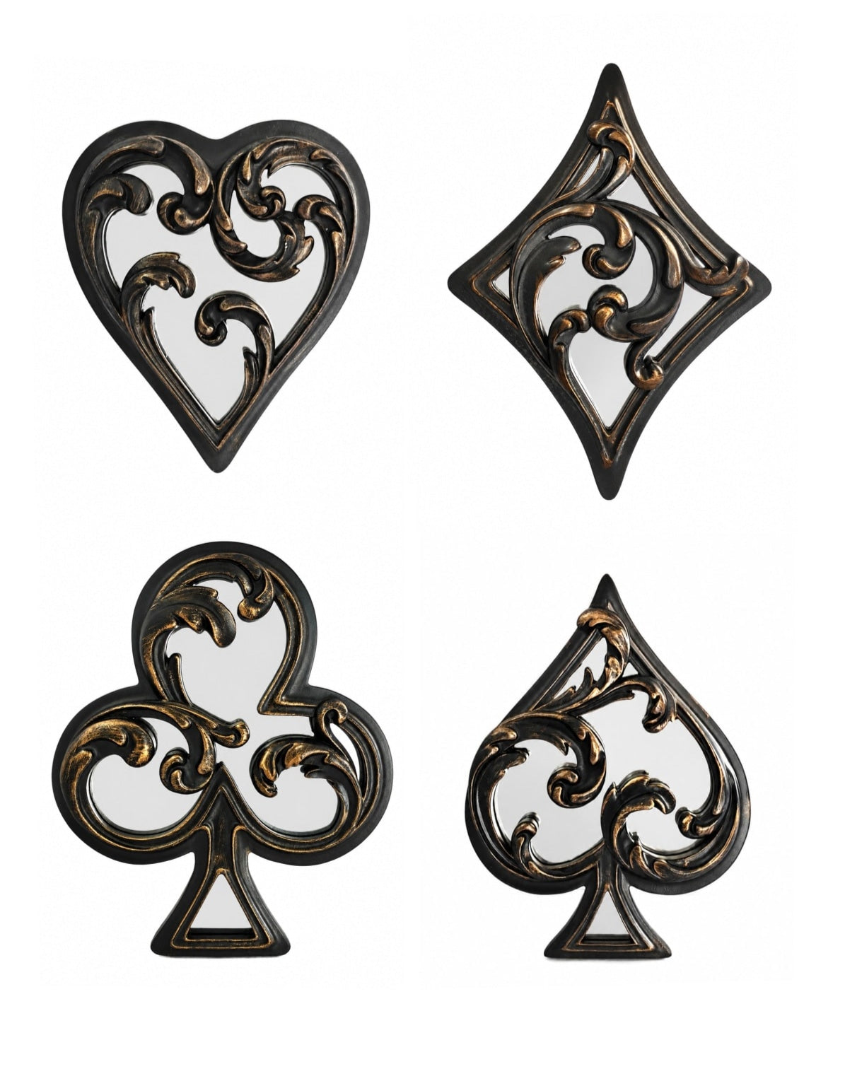 Set of 4 Antique Black "Playing Card Suits" Mirrored Wall Ornaments