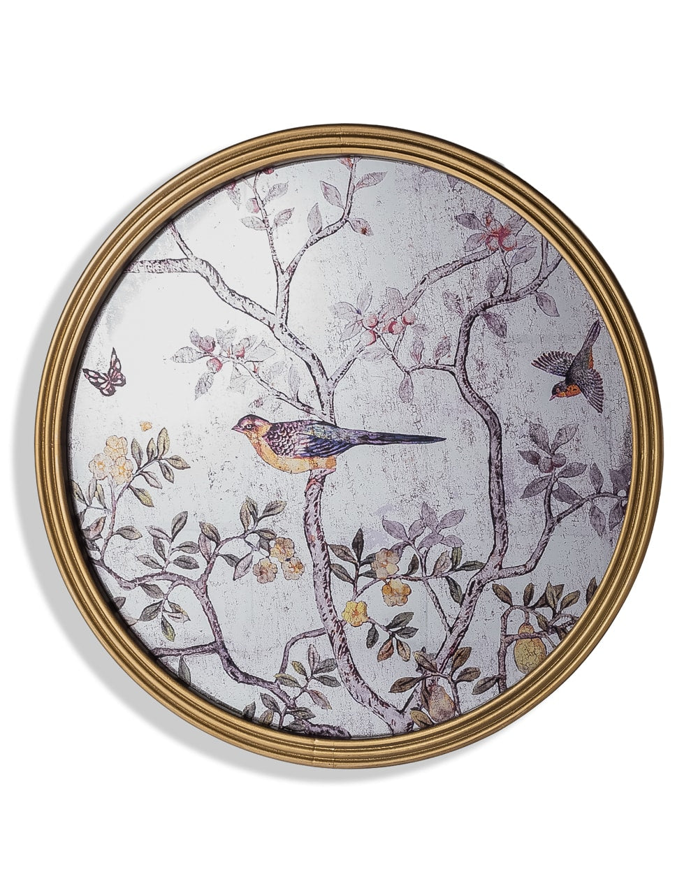 Large Round Gold-Framed Oriental Garden Glass Wall Mirror