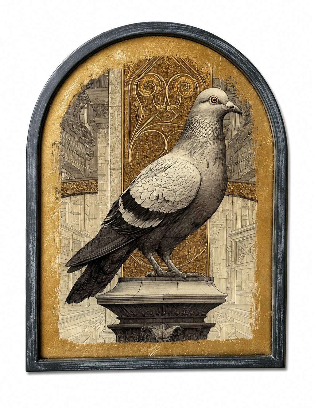 Set of 4 Metal-Framed Gold Neoclassical Pigeon Wall Art Prints