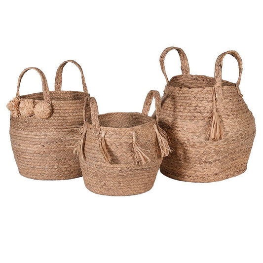 Set of 3 Natural Woven Baskets with Tassels