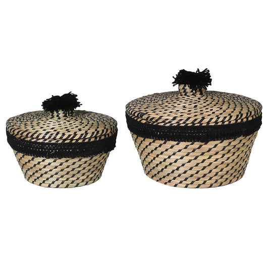Set of 2 Woven Black Pom-pom lidded Baskets