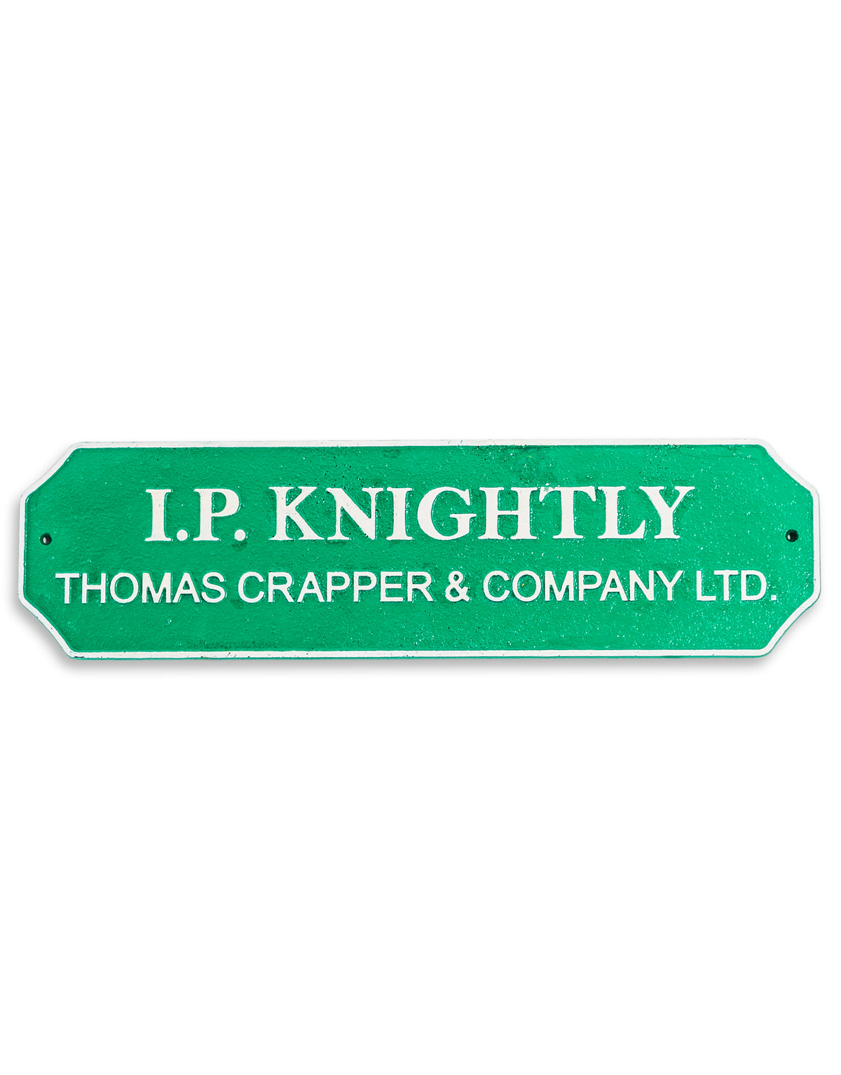 Green and White Cast Iron "I P Knightly" Wall Sign