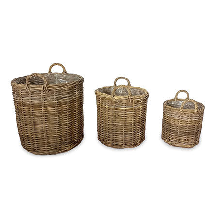 FARMHOUSE KUBU GREY TALL ROUND PLANTER BASKETS, (SET OF 3) -LINED. (Largest Dia50cm-H57cm)