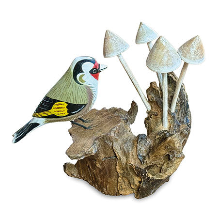 GOLDFINCH WITH MUSHROOMS SCULPTURE 18CM