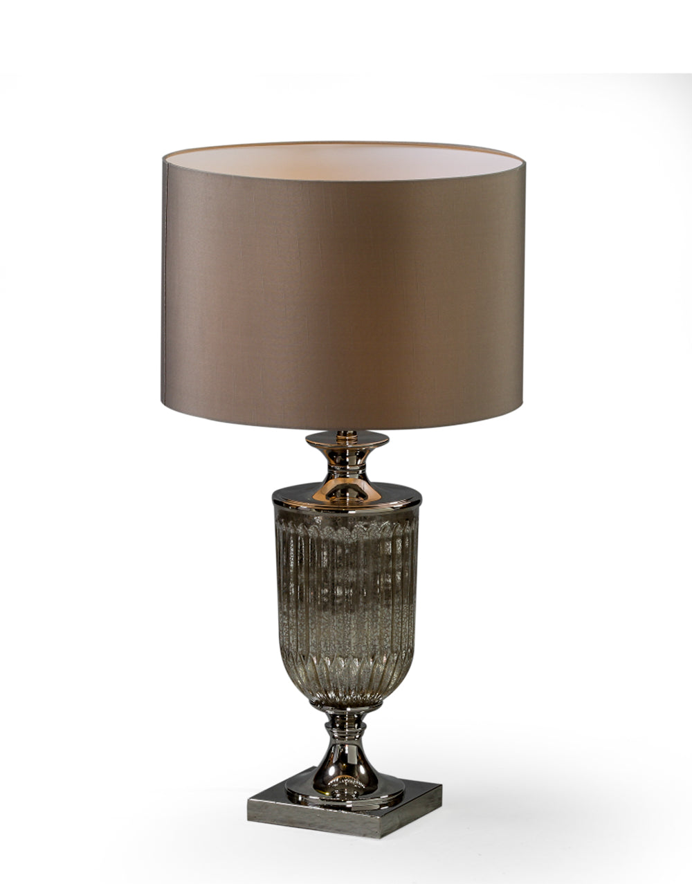 Antiqued Glass Urn Lamp with Taupe Cylinder Shade