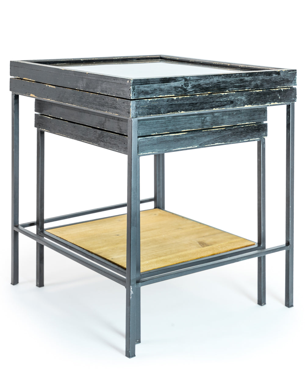 Antiqued Black Wooden Set of 2 Nest Display Side Tables