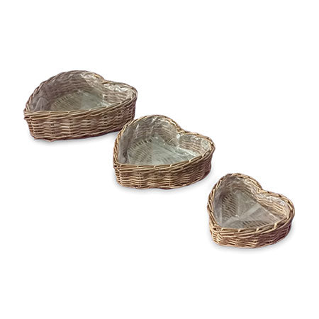 HEART SHAPE KUBU GREY PLANTER BASKETS, (SET OF 3) -LINED. (Largest Dia50cm-H15cm)
