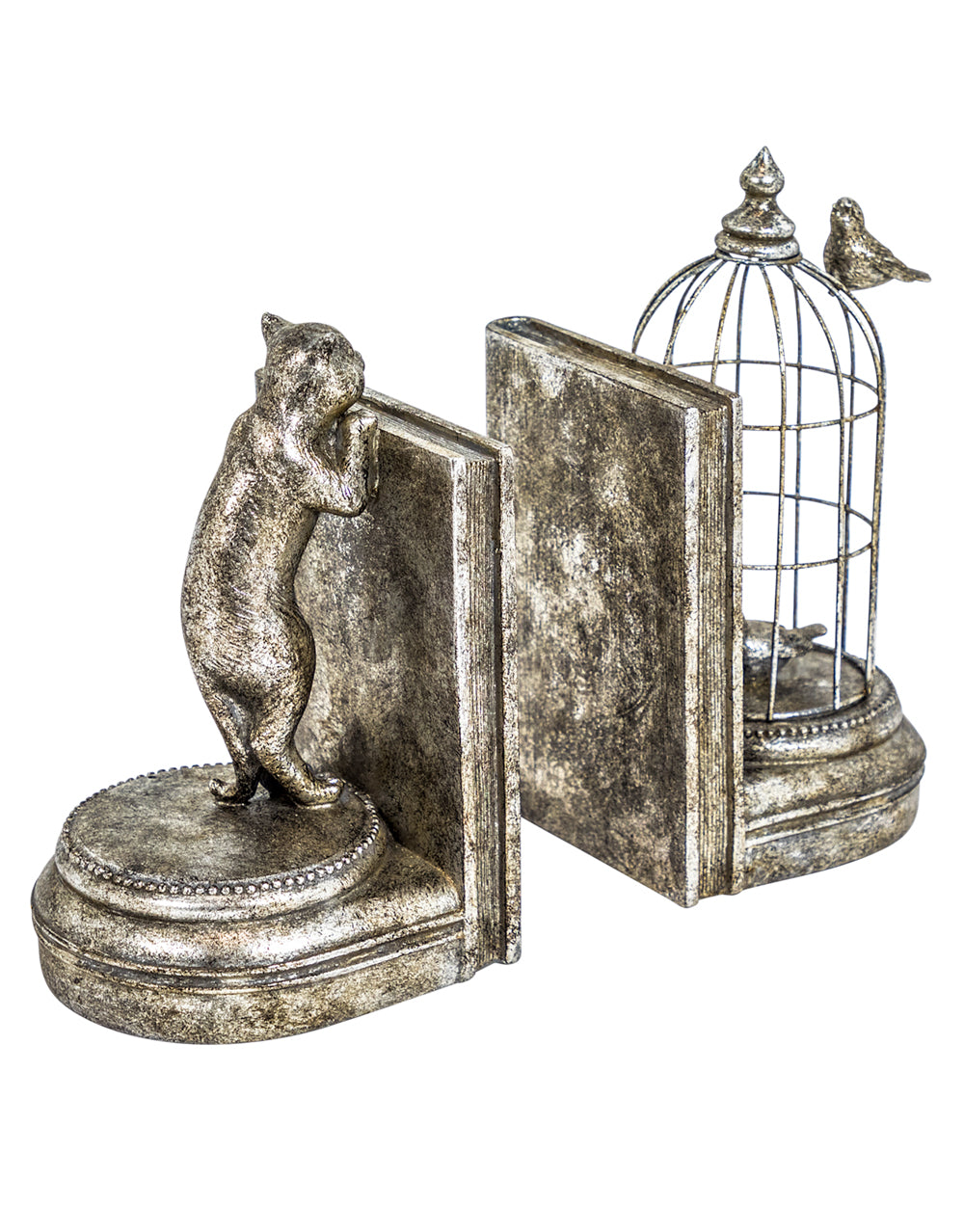 Antique Silver Curious Cat Pair of Bookends