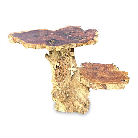 DRIFTWOOD BEE HIVE LAMP TABLE, 2 SHELVES, 4 BEES, 30CM.