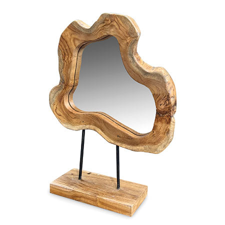 TEAK TREE SLICE MIRROR ON STAND SMALL