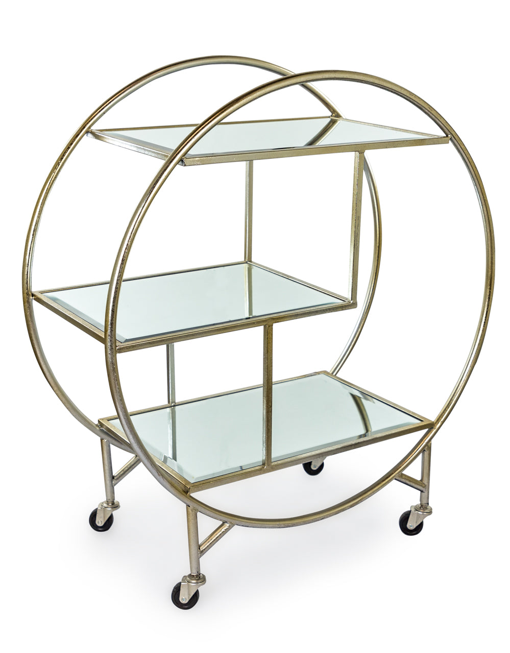 Antiqued Silver/Champagne Round Metal Bar Trolley with Mirror Shelves
