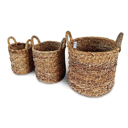 JAVA ROUND SET OF 3 BANANA LEAF & RATTAN BASKETS (HARD FLEXIBLE)