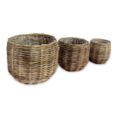 COUNTRY KUBU GREY BARREL ROUND PLANTER BASKETS, (SET OF 3) -LINED. (Largest Dia46cm-H35cm)