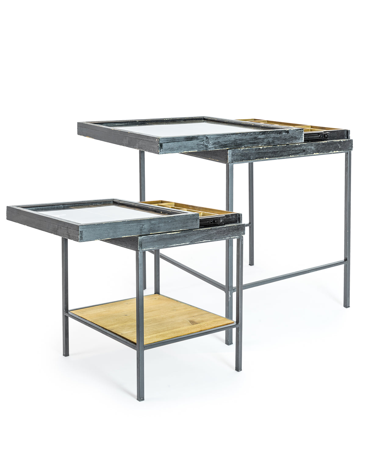 Antiqued Black Wooden Set of 2 Nest Display Side Tables