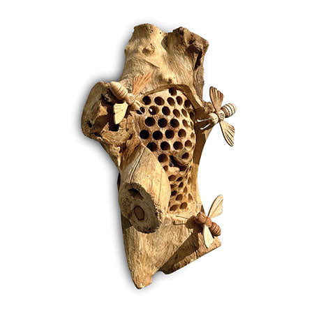 WALL HANGING BEEHIVE SCULPTURE WITH 3 BEES