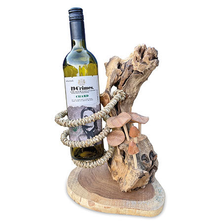 DRIFTWOOD WINE BOTTLE HOLDER WITH MUSHROOM FOREST